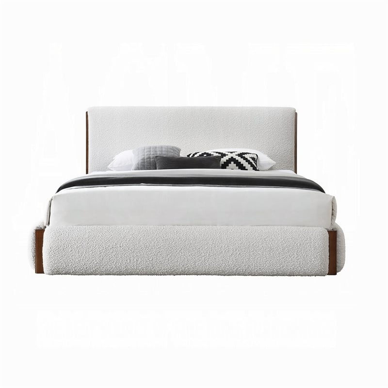 Benjara Fedro King Bed- Low Profile- White Boucle Upholstery- Walnut Brown