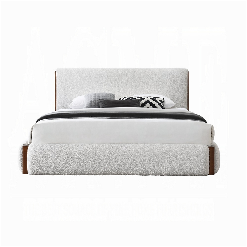 Benjara Fedro King Bed- Low Profile- White Boucle Upholstery- Walnut Brown