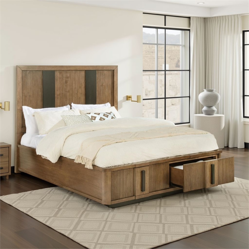 Benjara Reon King Platform Bed w 2 Storage Drawers- Reeded Ash Brown Black