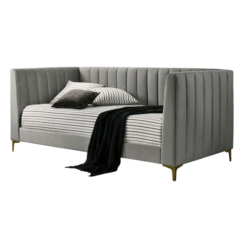Benjara Iina Twin Daybed with Tuxedo Details- Gray Channel Tufted Flannelette