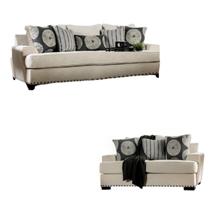 Benjara Maine 2pc Sofa and Loveseat Set- 8 Throw Pillows- Ivory Chenille