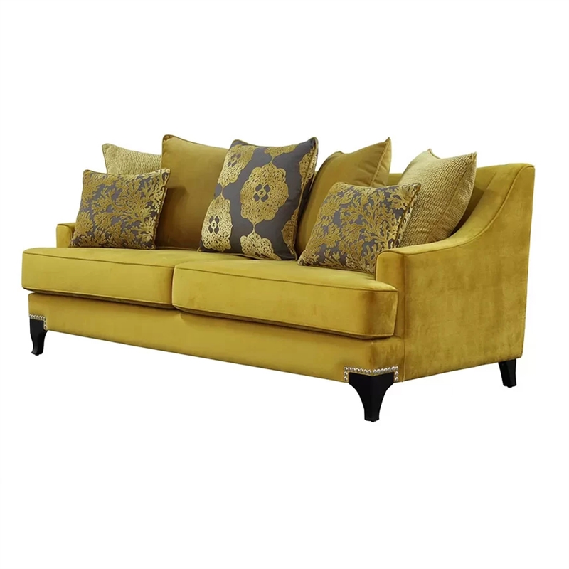 Benjara Visco 2pc Sofa- Loveseat Set- 8 Throw Pillows- Rivet Trim- Gold Yellow