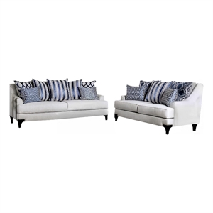 Benjara Eton 2pc Sofa and Loveseat Set- 12 Throw Pillows- Light Gray Chenille