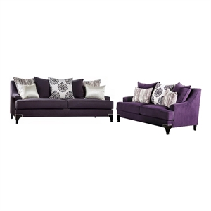 Benjara Eton 2pc Sofa Loveseat Set- 12 Pillows- Cabriole Feet- Purple Chenille