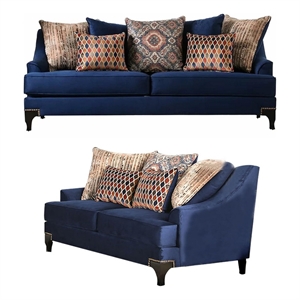 Benjara Eton 2pc Sofa Loveseat Set- 12 Pillows- Cabriole- Navy Blue Chenille