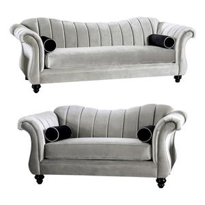 Benjara Avin 2pc Sofa and Loveseat Set- Bolster Pillows- Pewter Gray Chenille