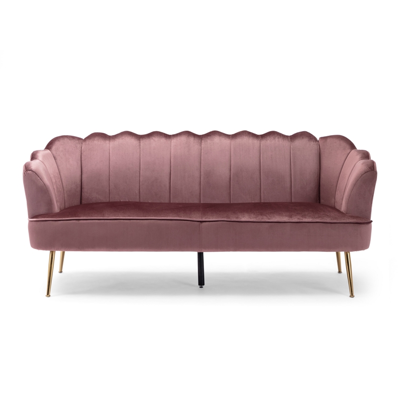 Benjara Nika Sofa- 3 Seater- Channel Stitching- 76 Inch- Blush Pink Velvet