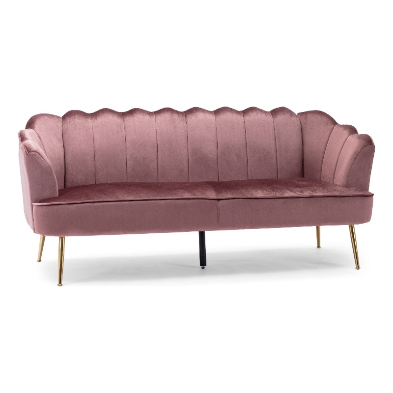Benjara Nika Sofa- 3 Seater- Channel Stitching- 76 Inch- Blush Pink Velvet