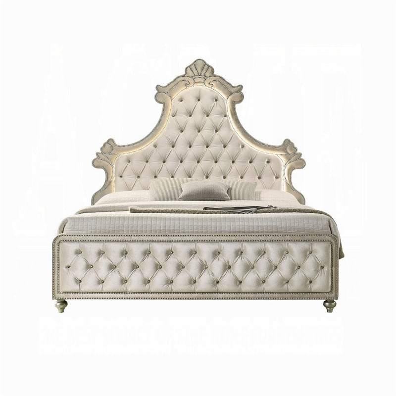 Benjara Willa King Size Bed- LED Lights- Beige Velvet Upholstery- Brown Wood