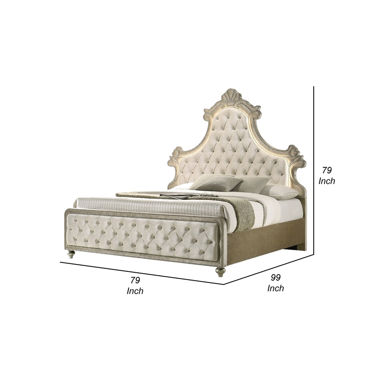 Benjara Willa King Size Bed- LED Lights- Beige Velvet Upholstery- Brown Wood