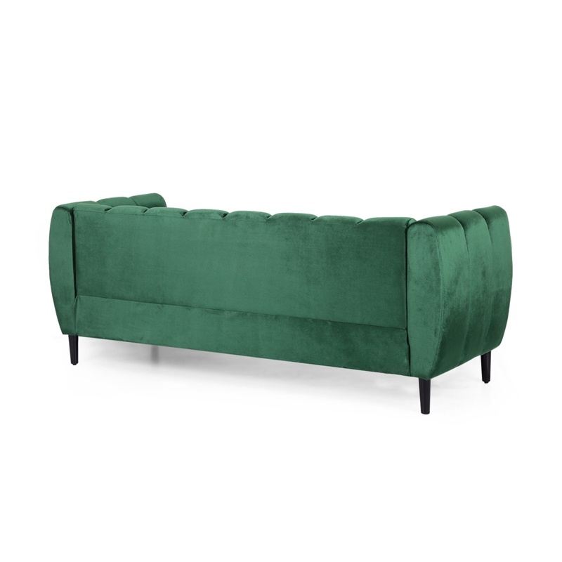 Benjara Orla Sofa- 83 Inch- Retro Channel Tufted Stitch Design- Green Velvet