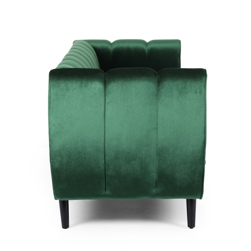 Benjara Orla Sofa- 83 Inch- Retro Channel Tufted Stitch Design- Green Velvet