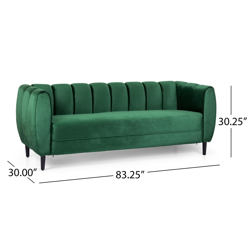 Benjara Orla Sofa- 83 Inch- Retro Channel Tufted Stitch Design- Green Velvet
