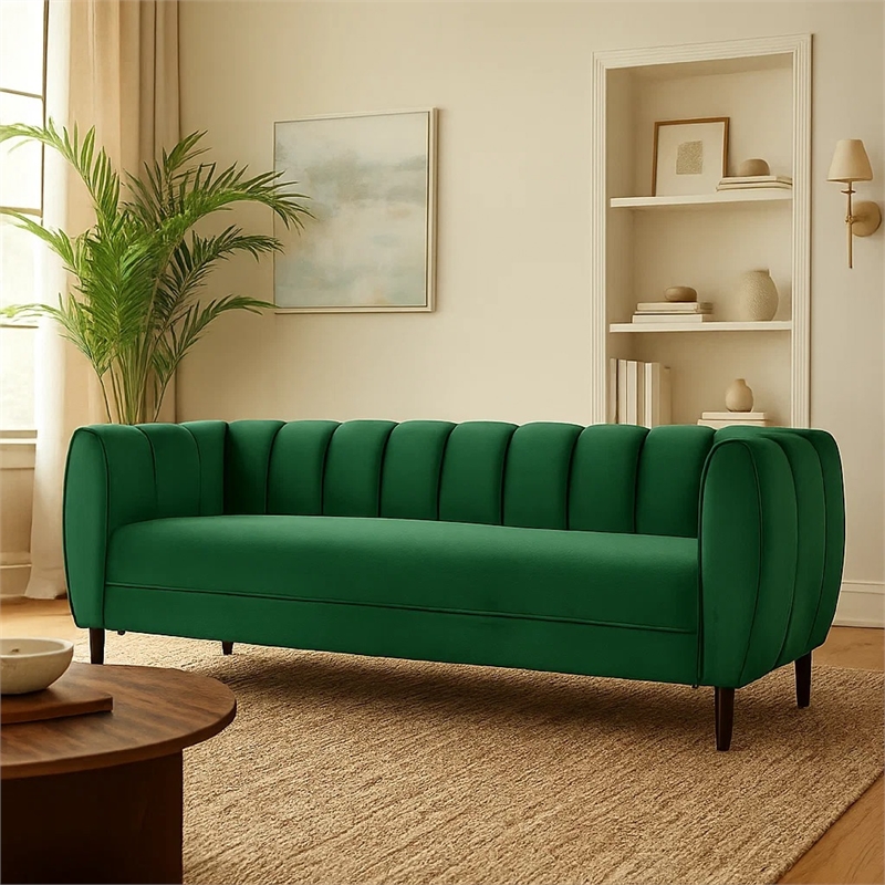 Benjara Orla Sofa- 83 Inch- Retro Channel Tufted Stitch Design- Green Velvet
