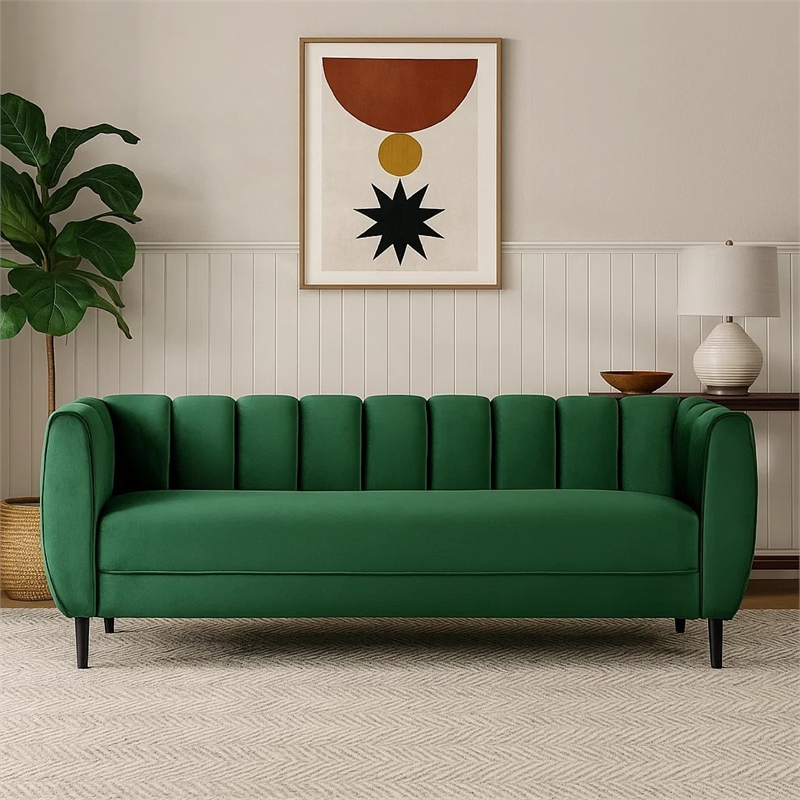 Benjara Orla Sofa- 83 Inch- Retro Channel Tufted Stitch Design- Green Velvet