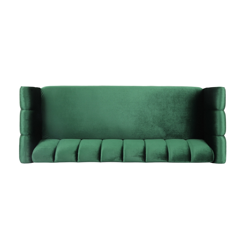 Benjara Orla Sofa- 83 Inch- Retro Channel Tufted Stitch Design- Green Velvet