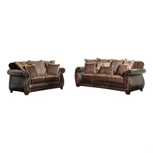 Benjara Lenira 2pc Sofa Loveseat Set- Brown Faux Leather- 5 Accent Pillows
