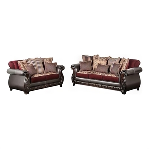 Benjara Lenira 2pc Sofa Loveseat Set- Burgundy Faux Leather- Brown- 5 Pillows