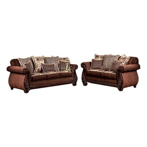 Benjara Nadira 2pc Sofa Loveseat Set- Brown Faux Leather- Gold 5 Throw Pillows