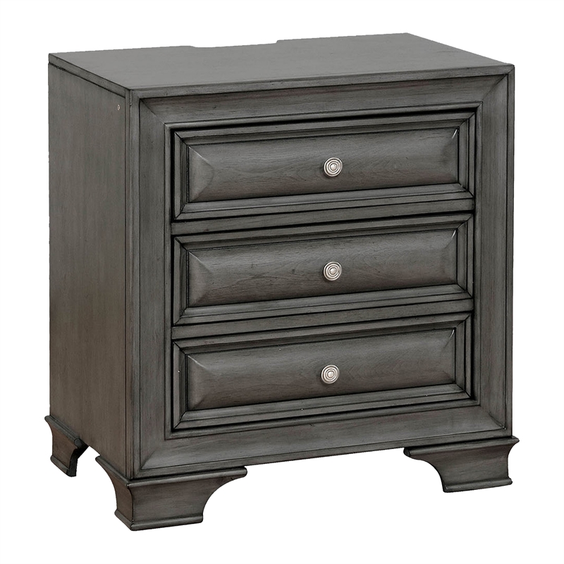 Benjara Lio Four PC Queen Size Bedroom Set- Gray Wood Inlay Design- Nickel