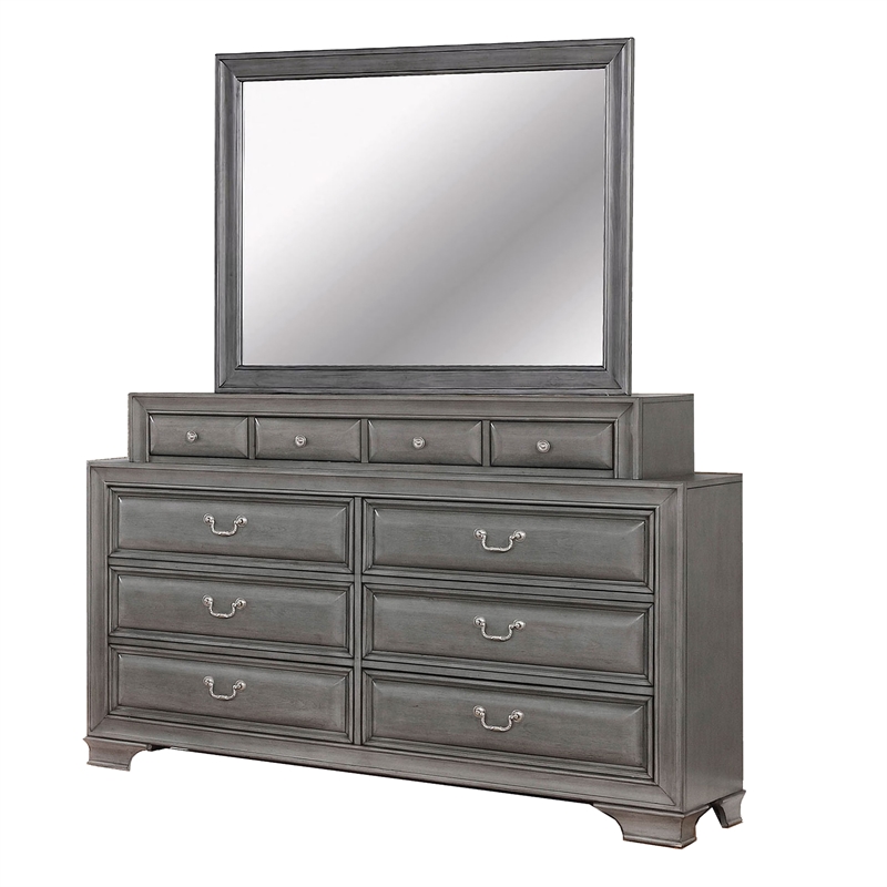 Benjara Lio Four PC Queen Size Bedroom Set- Gray Wood Inlay Design- Nickel