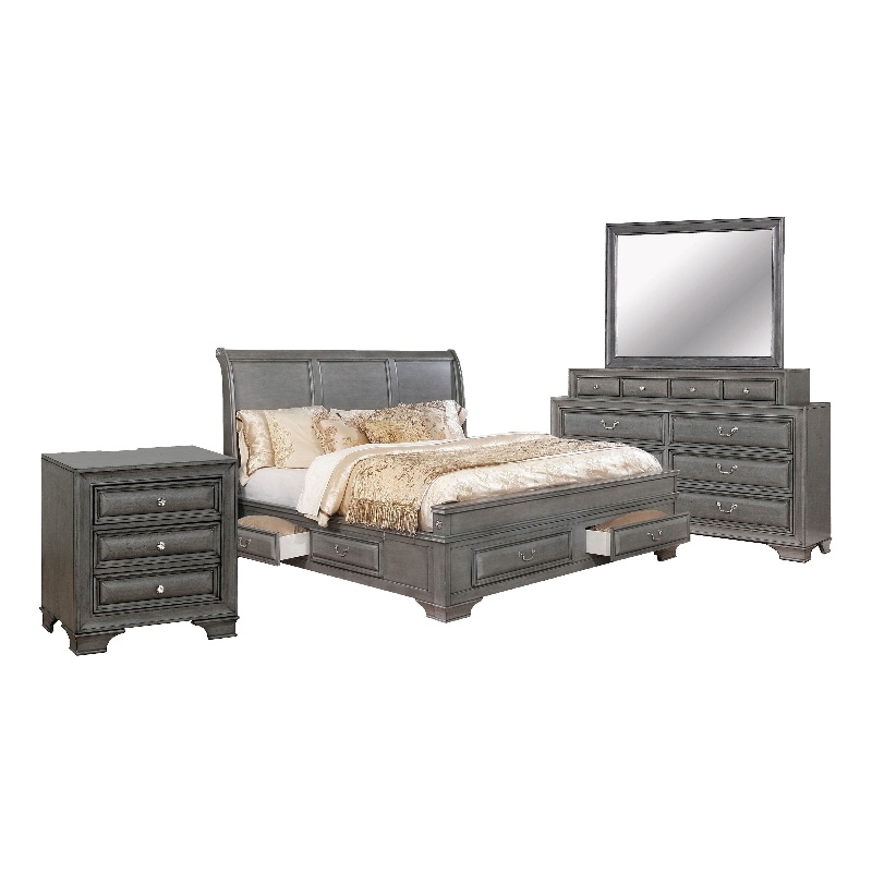 Benjara Lio Four PC Queen Size Bedroom Set- Gray Wood Inlay Design- Nickel