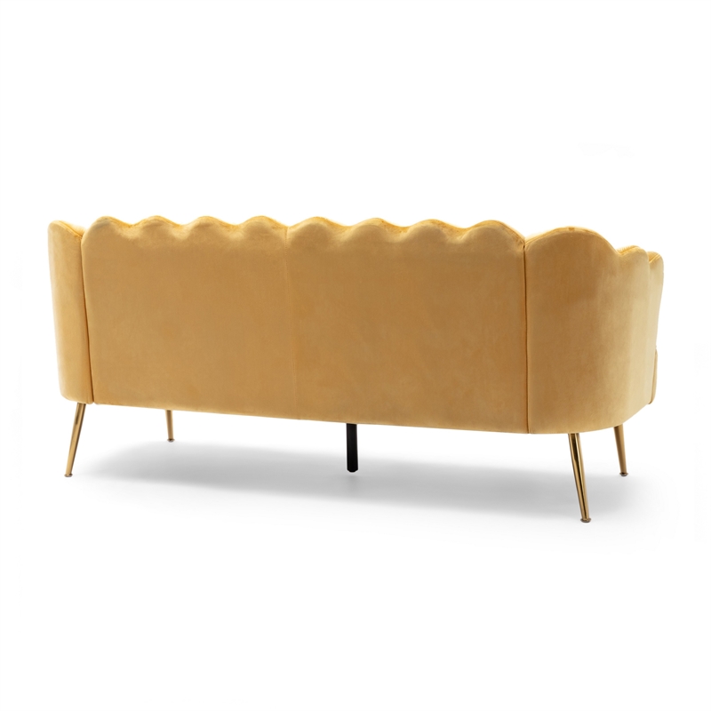 Benjara Nika Sofa- Modern Channel Stitched- 76 Inch- Solid Wood- Yellow Velvet