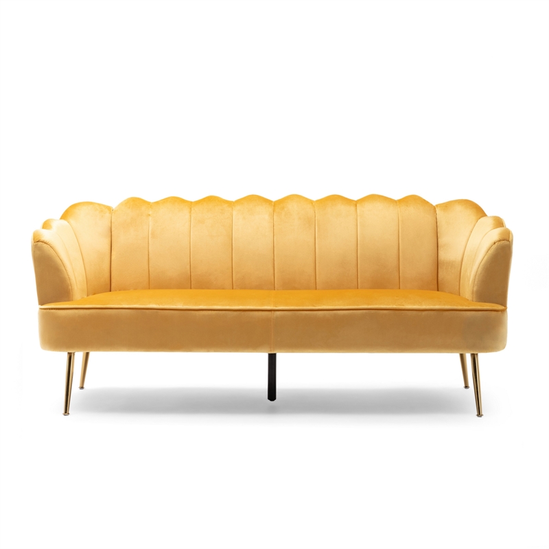 Benjara Nika Sofa- Modern Channel Stitched- 76 Inch- Solid Wood- Yellow Velvet
