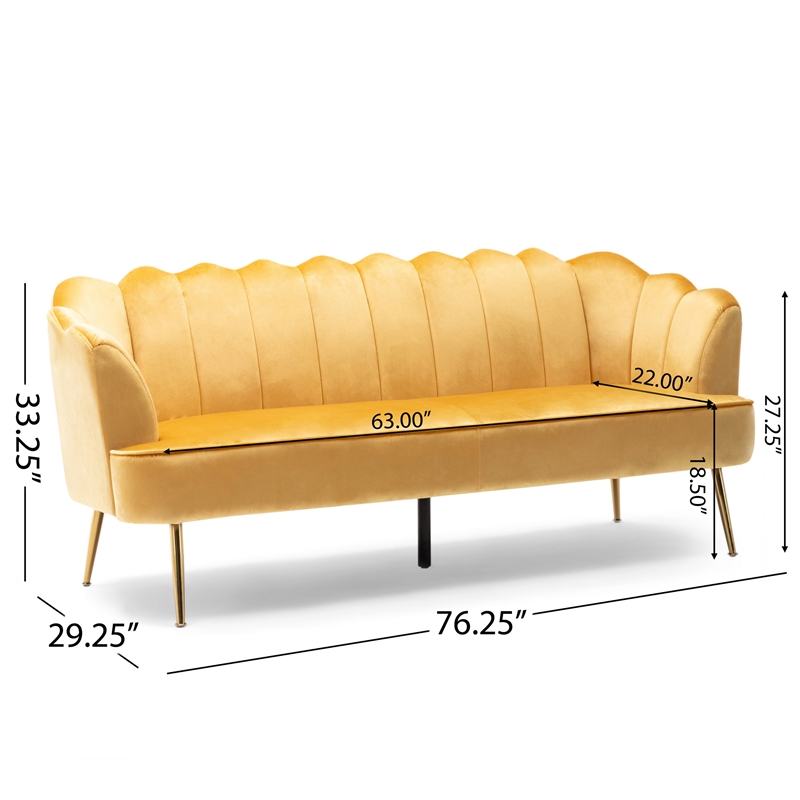 Benjara Nika Sofa- Modern Channel Stitched- 76 Inch- Solid Wood- Yellow Velvet