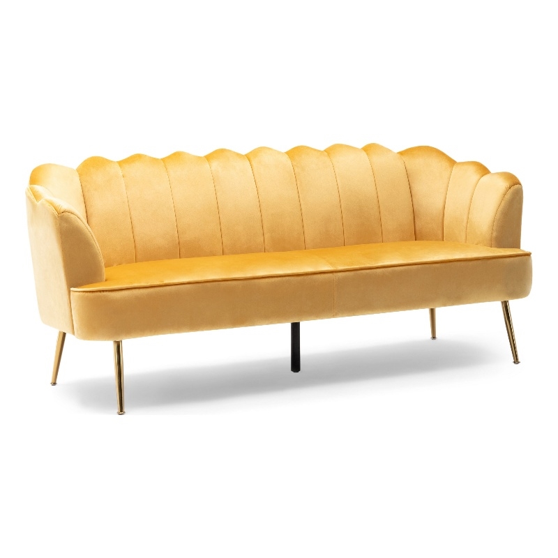 Benjara Nika Sofa- Modern Channel Stitched- 76 Inch- Solid Wood- Yellow Velvet