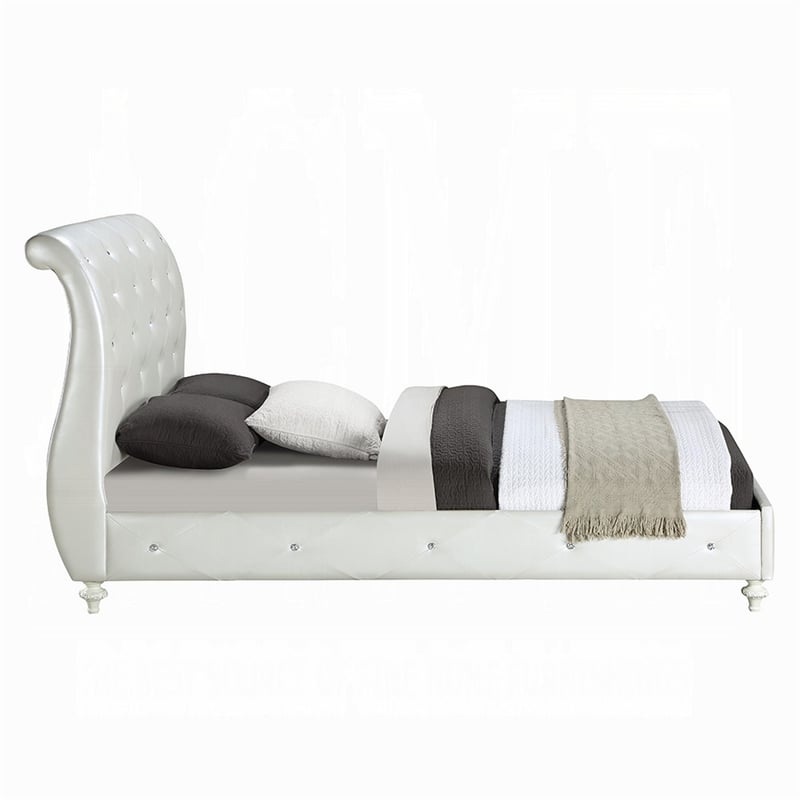 Benjara Dorie Full Bed- Pearl White Faux Leather Victorian Carved w Crystals