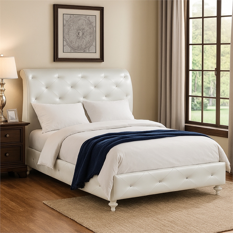 Benjara Dorie Full Bed- Pearl White Faux Leather Victorian Carved w Crystals