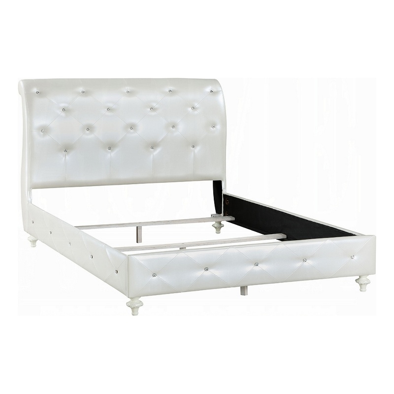 Benjara Dorie Full Bed- Pearl White Faux Leather Victorian Carved w Crystals
