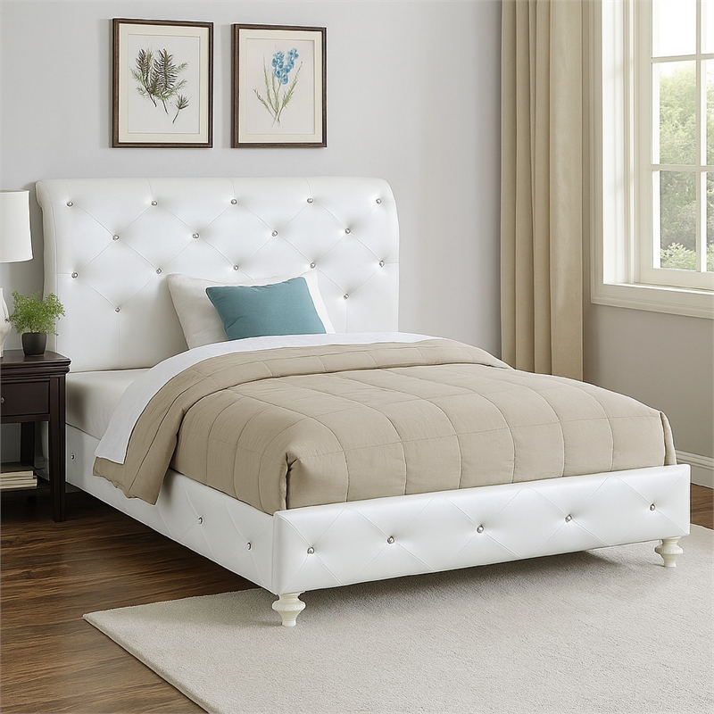 Benjara Dorie Twin Bed- Pearl White Faux Leather Victorian Carved w Crystals