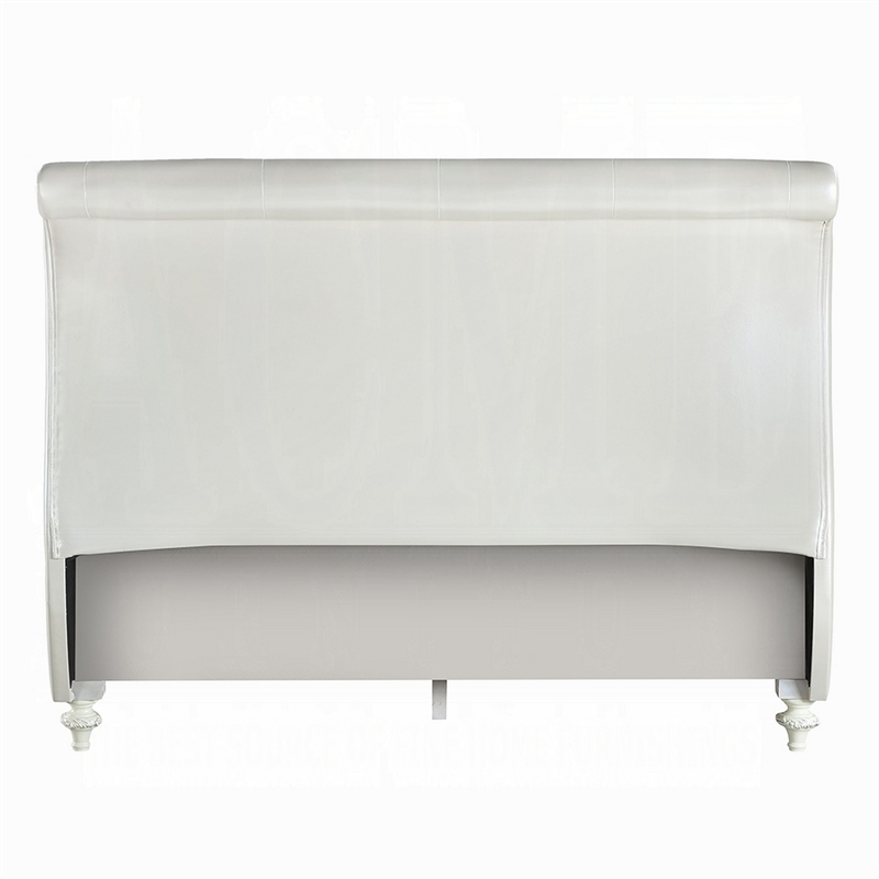 Benjara Dorie Twin Bed- Pearl White Faux Leather Victorian Carved w Crystals