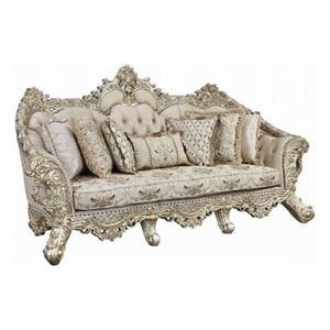 Benjara Mas Ornate Sofa- 7 Accent Pillows- Classic Champagne Gold and Beige