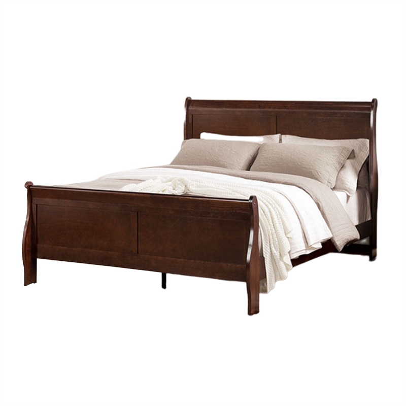 Benjara Poy Three PC Full Size Bedroom Set-Metal Hanging Pulls-Cherry Brown Wood