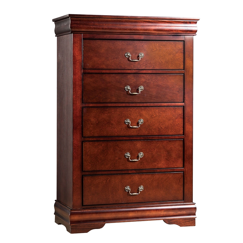 Benjara Poy Three PC Full Size Bedroom Set-Metal Hanging Pulls-Cherry Brown Wood