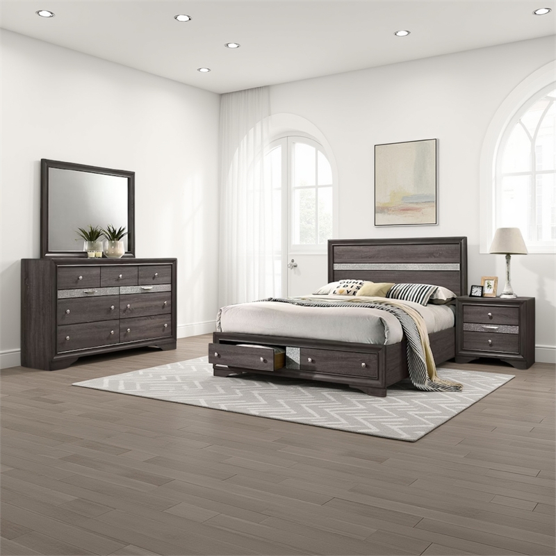 Benjara Isy Four PC King Size Bedroom Set-Silver Accent Knobs-Contemporary Gray