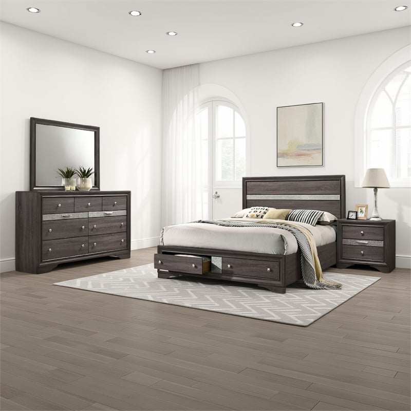 Benjara Isy Four PC King Size Bedroom Set-Silver Accent Knobs-Contemporary Gray