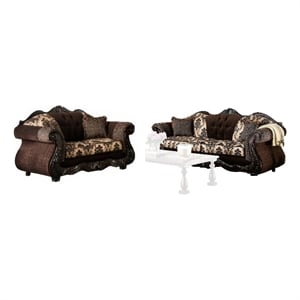 Benjara Jinaa 2pc Sofa Loveseat Set- Dark Brown Chenille- 4 Accent Pillows