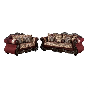 Benjara Maty 2pc Sofa Loveseat Set- Burgundy Brown Chenille- 5 Accent Pillows