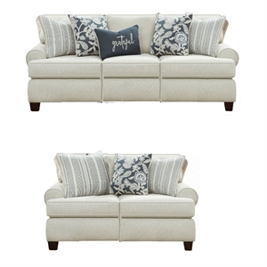 Benjara Pery 2pc Sofa and Loveseat Set- 9 Accent Pillows- Ivory Chenille