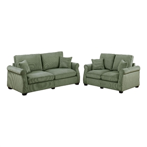 Benjara Jesica 2pc Loveseat n Sofa Set- 2 Pillows- Sage Green Corduroy Fabric