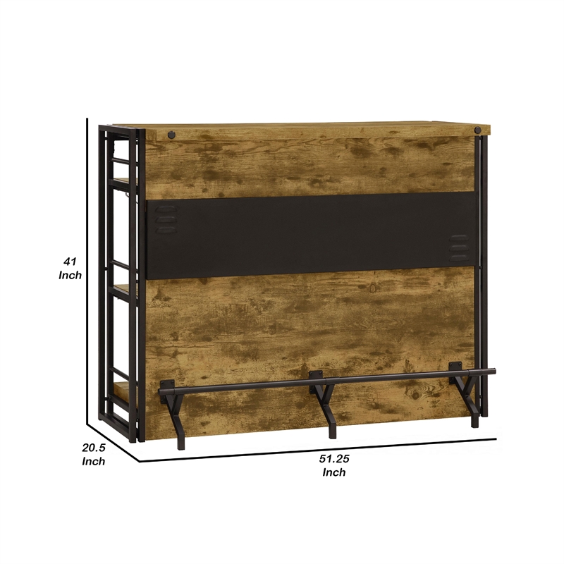 Benjara Urban Wooden Bar Unit with Stemware Rack- Wire Brushed Black