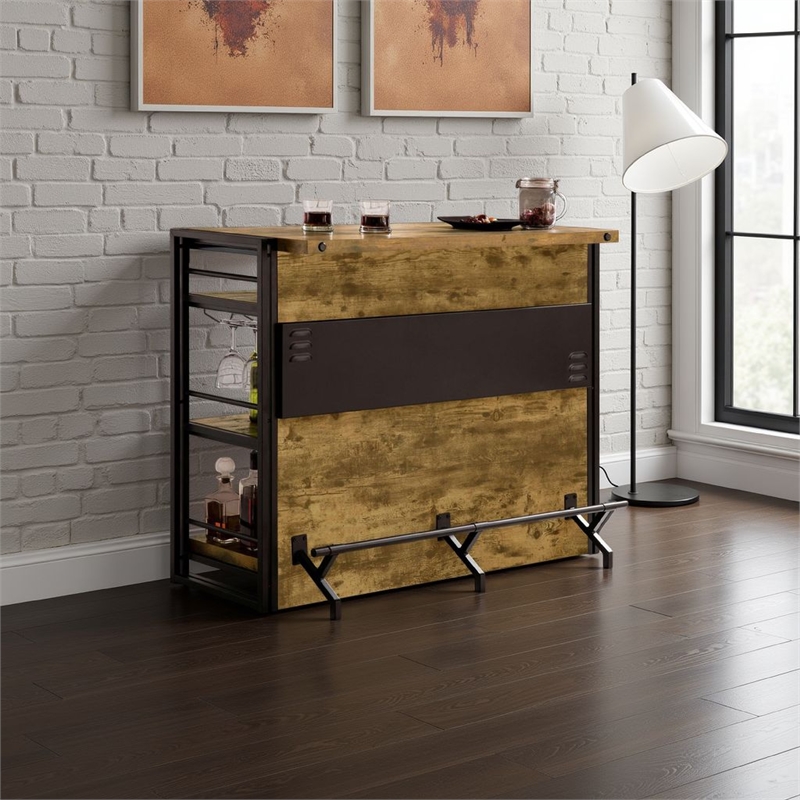 Benjara Urban Wooden Bar Unit with Stemware Rack- Wire Brushed Black