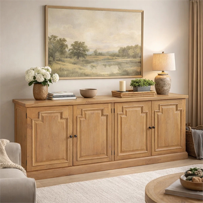 Benjara Raised Paneled Wooden Server with Two Double Door Storage- Brown