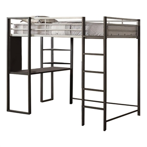 Benjara Full Size Metal Bunk Bed With Workstation- Black and Silver