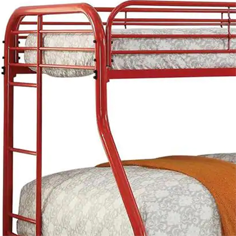 Benjara Metal Twin Over Full Bunk Bed w/ Attached Side Rails & Side Ladders- Red