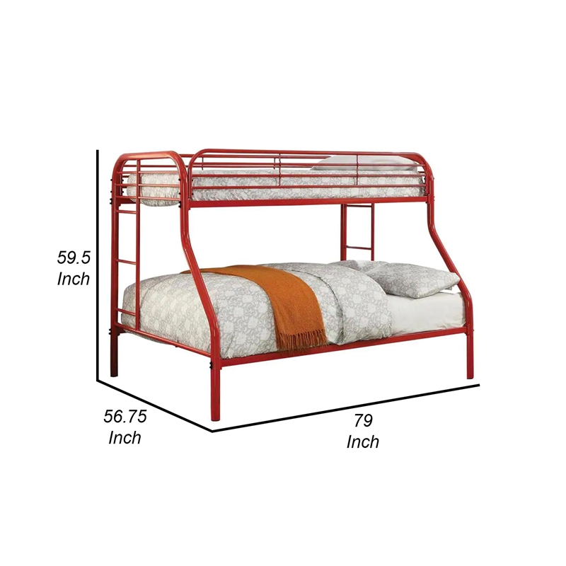 Benjara Metal Twin Over Full Bunk Bed w/ Attached Side Rails & Side Ladders- Red